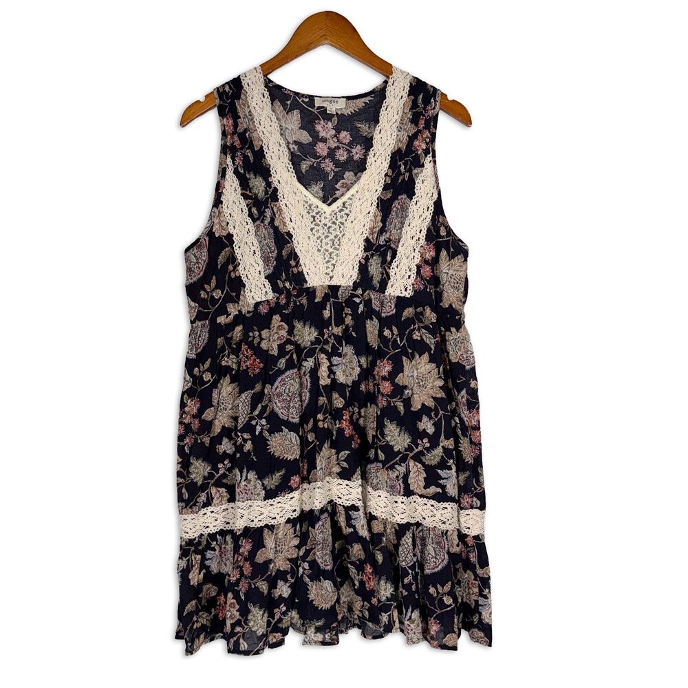 Umgee USA Floral Crochet Lace Babydoll Dress Size M Navy Boho Cottagecore